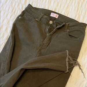 Pink Lily Olive Green High-Rise Cropped Frayed Hem Jeans